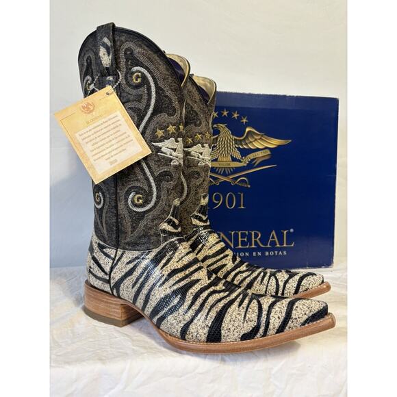 El General Cowboy Boots Leather Lizard Skin Mens Sz 8 Tiger Print Black/white